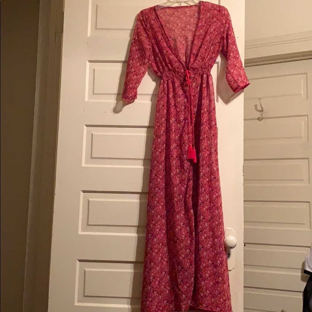 Red floral buttoned maxi dress